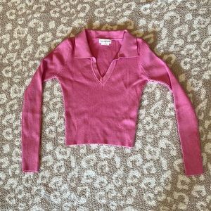 Lovers + Friends Ribbed Pink Collared Crop Top